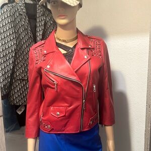 Real leather true RED 3/4 sleeve jacket small